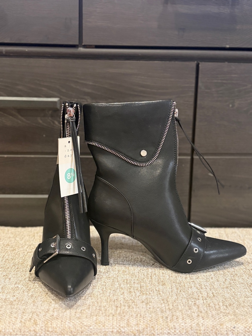 a new day Black Pointed Toe Ankle Booties with Front Zip and Buckle